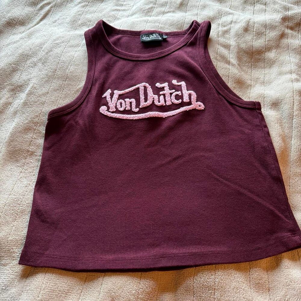 Von Dutch Burgundy Tank Top with Raised Pink Lettering Size XL